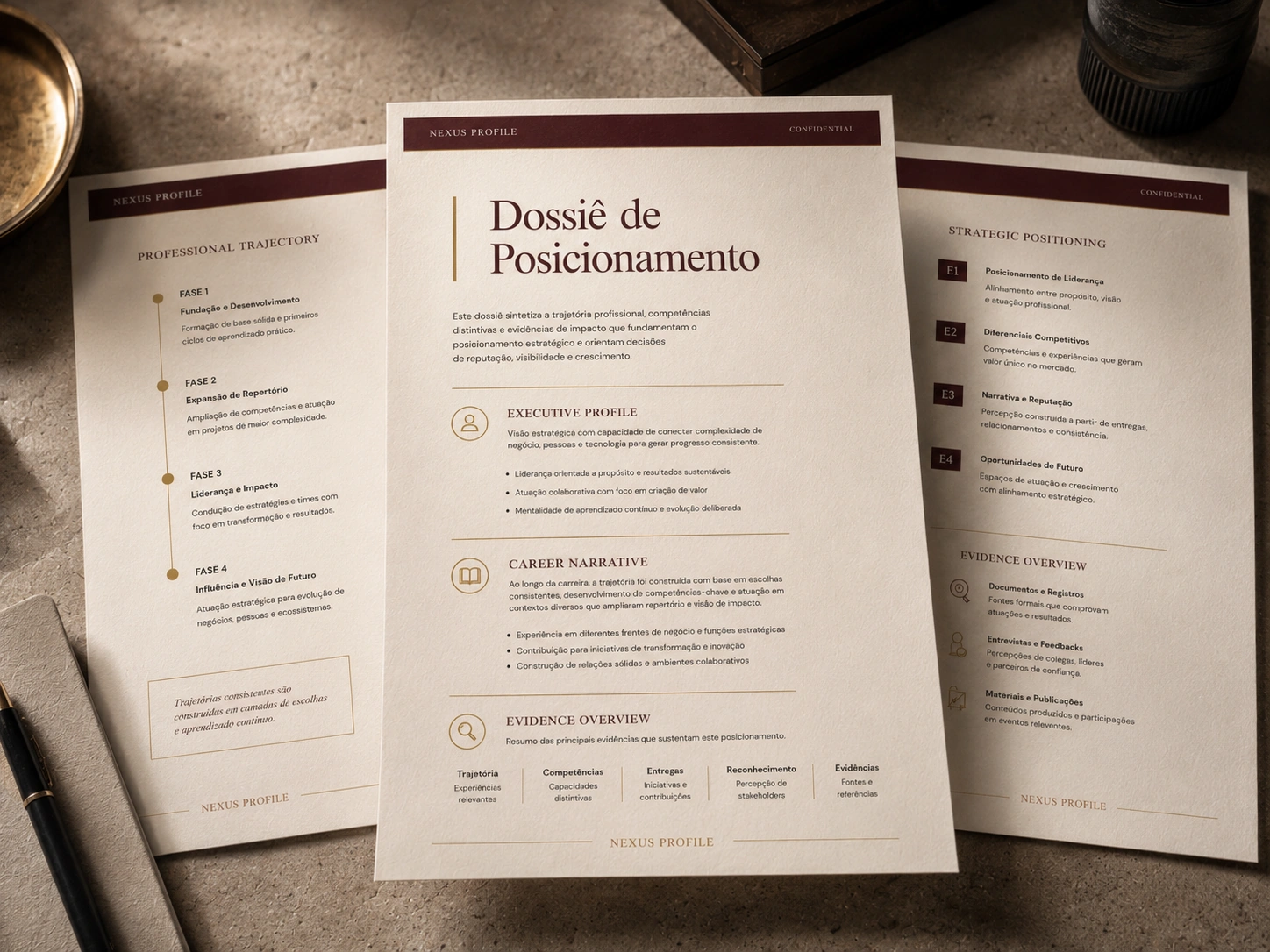 Exemplo visual de dossiê estratégico da Nexus Profile